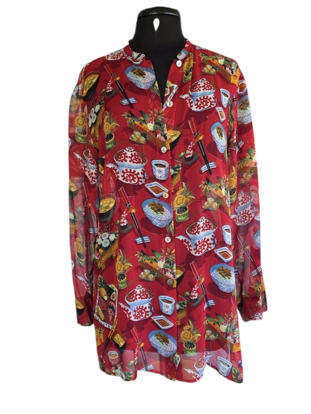 Vintage Sushi Top 90s Lord & Taylor XL Sheer Red Button Front Blouse